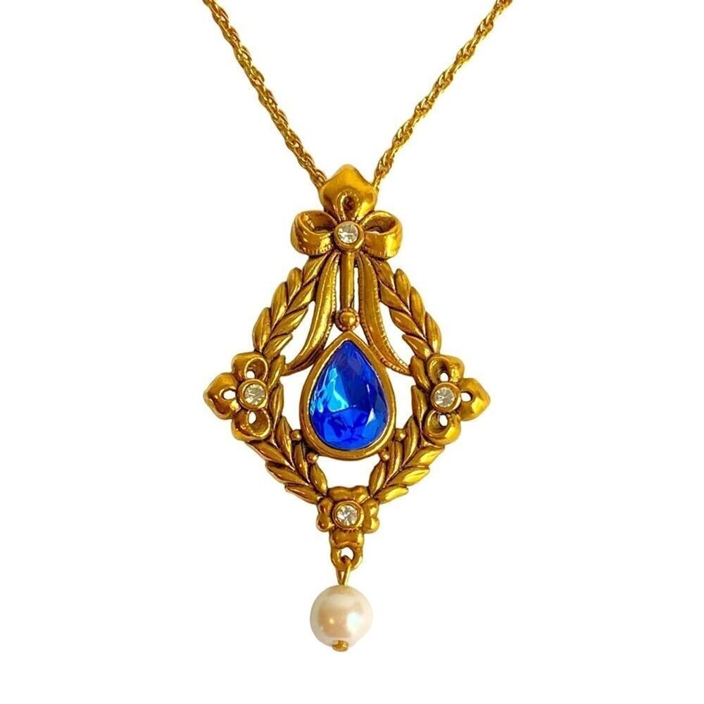 Victorian Revival Necklace Gold‎ Tanzanite Pearl Vintage Avon Elizabeth Taylor